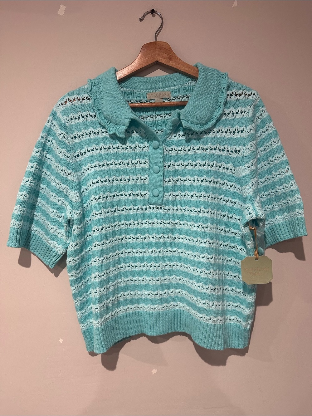 Ryegrass Women’s XL Aqua White Pointelle Knit Polo Sweater Top 100% Cotton NWT